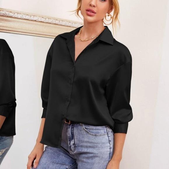 Tops - 🌀 Satin silky button up blouse black